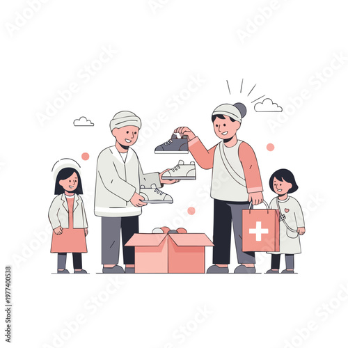 People donating shoes and clothes to charity.