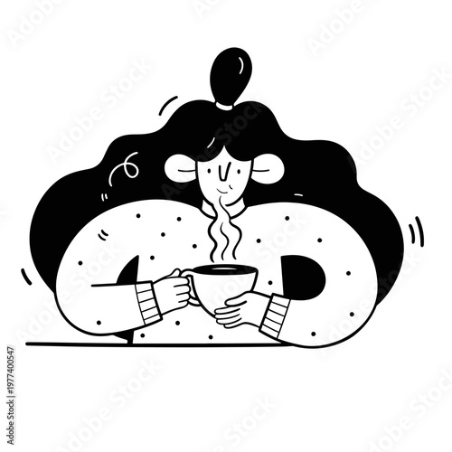 Warm Sip of Serenity: A whimsical illustration of a person enveloped in a moment of tranquility, gently cradling a warm mug of a beverage, savoring the subtle dance of rising steam.