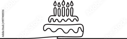Continuous one line drawing of birthday cake with candles One line draw graphic design vector