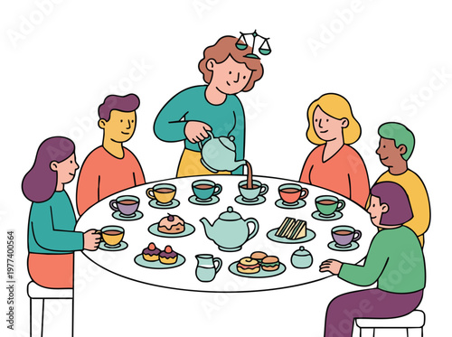 People enjoying a tea party with cakes and sandwiches.