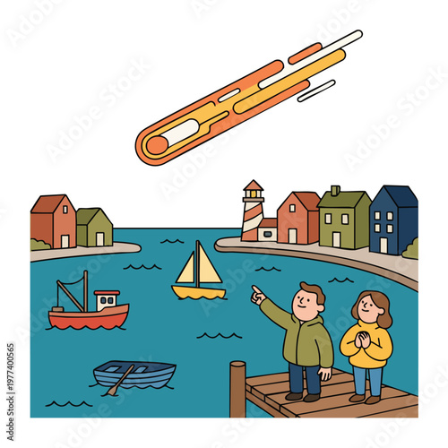 People watching a meteor shower over a coastal town.