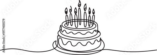 Continuous one line drawing of birthday cake with candles One line draw graphic design vector