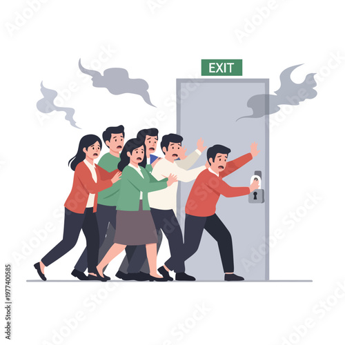 People rushing to exit a burning building.