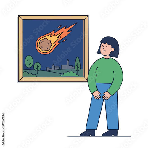 Person admiring a painting of a meteor shower.