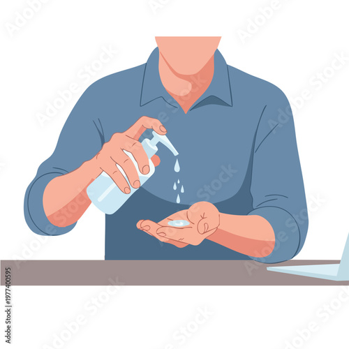 Person applying hand sanitizer from a pump bottle.