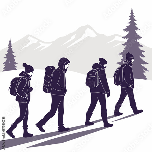 A group of four silhouetted figures hike through a snowy mountainous landscape bundled in winter clothing and carrying backpacks high quality professional