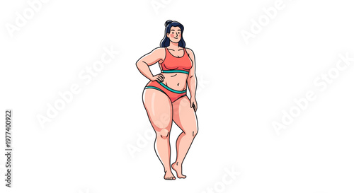 Curvy Woman in Sportswear Posing Confidently, Full Body Vector Illustration, Body Positivity and Fitness Niche