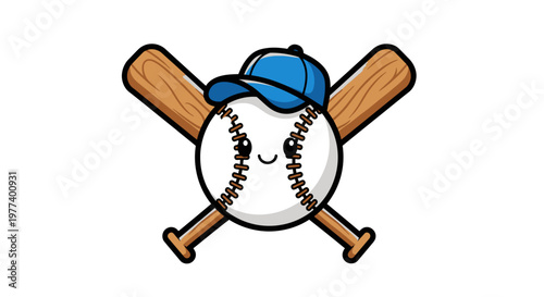 Cute Baseball Character with Crossed Bats Vector Illustration, Whimsical Sports Graphic for Kids and Teams