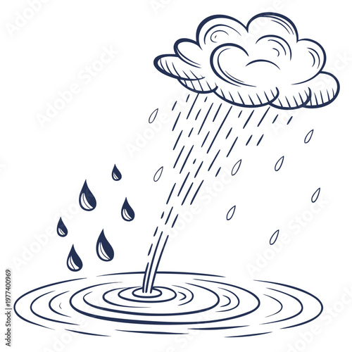 A simple blue toned sketch depicts a fluffy cloud releasing raindrops into a circular pool of water with ripple effects high quality