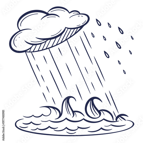 A simple hand drawn illustration depicts a dark rain cloud releasing raindrops onto turbulent waves below showing a stormy weather scene