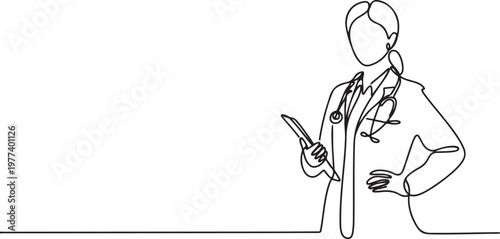 Continuous one line drawing professional confident young lady doctor with white coat. Scientist concept. One line draw graphic design vector