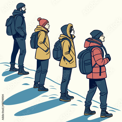 A line of four individuals bundled in winter clothing walk through a snowy landscape each carrying a backpack high quality professional detailed