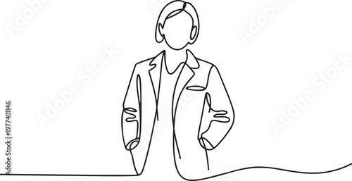 Continuous one line drawing professional confident young lady doctor with white coat. Scientist concept. One line draw graphic design vector