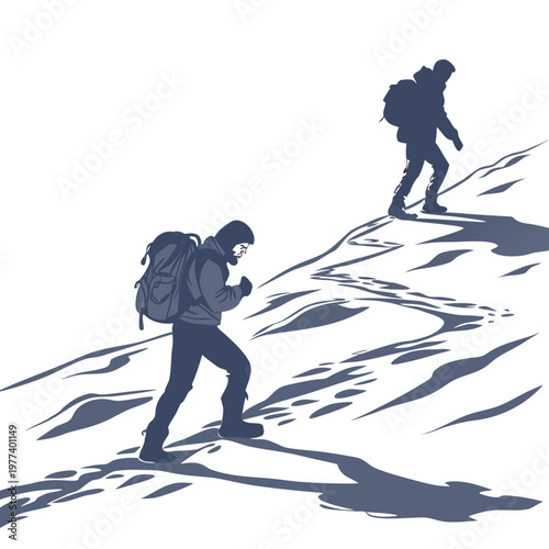 Two silhouetted hikers ascend a steep winding mountain path carrying large backpacks suggesting a challenging trek high quality professional detailed modern elegant