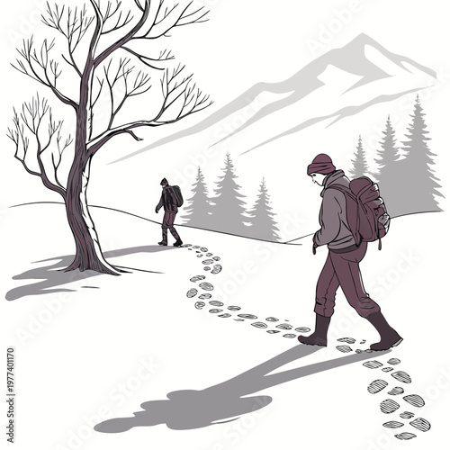 A sketched illustration depicts two hikers walking along a snowy path towards distant softly rendered mountains high quality professional detailed modern elegant