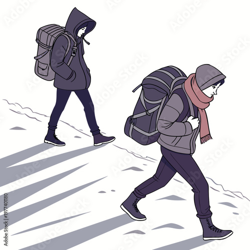 Two figures bundled in winter clothing and carrying large backpacks are depicted walking forward through a snowy landscape high quality professional detailed