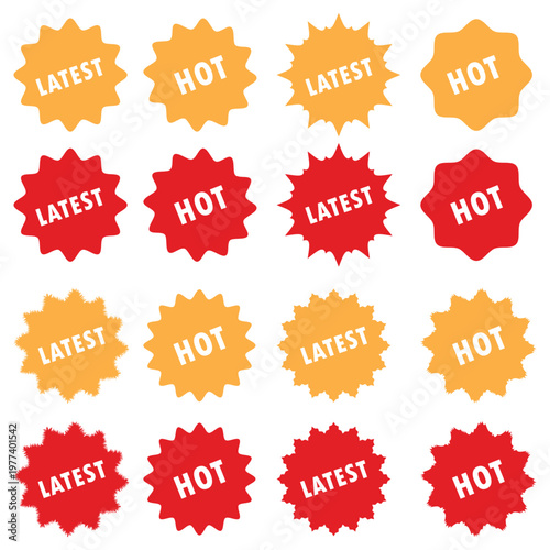 Sticker labels vector illustration collection with latest and hot text in red and yellow.
