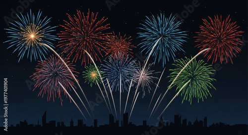 Vibrant fireworks exploding in night sky over cityscape colorful display of red blue green sparks