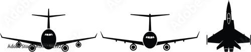 Collection of Commercial Passenger Jet and Military Fighter Aircraft Silhouettes Featuring Frontal and Top Down View Vector Illustrations for Aviation Transport and Defense Graphics