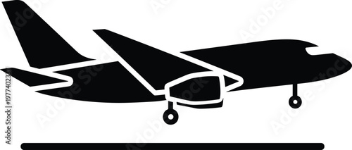 Commercial Airplane Landing on Runway Vector Illustration Featuring a Black Silhouette of a Passenger Jet Aircraft for Aviation Transport and Travel Industry Graphics.