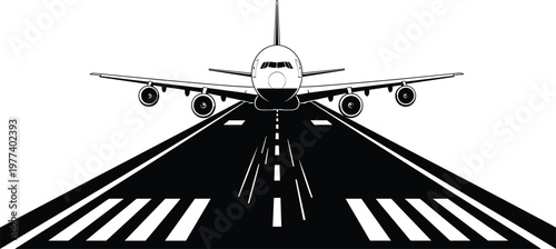 Commercial Passenger Airplane Landing on Airport Runway Vector Illustration Featuring a Large Jet Aircraft Silhouette for Aviation Transport and Global Travel Industry Graphics
