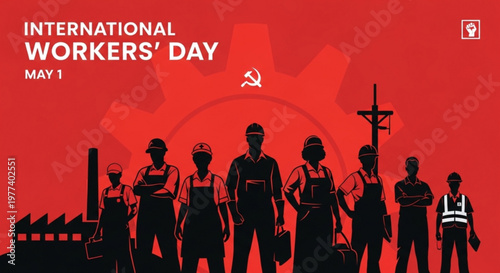 International workers' day may 1st laborers standing united in solidarity with industrial background