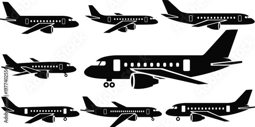 Comprehensive Collection of Commercial Jet Airplane Silhouettes Featuring Modern Passenger Aircraft from Multiple Side View Angles for Aviation Transport and Global Airline Industry Graphics.