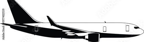 Commercial Passenger Airplane Vector Illustration Featuring a Realistic Side View Silhouette of a Modern Jet Aircraft for Aviation Transport and Global Travel Design.