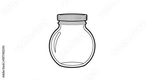 Simple black and white line drawing of a round glass jar with a screw lid is perfect for icons and coloring pages.