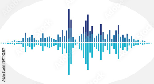 Digital audio wave visualization with blue and teal bars represents sound frequency and music equalizer data.