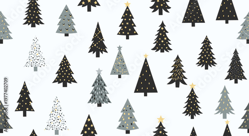 Seamless pattern of various stylized christmas trees in black grey and white with gold stars creates a chic design.