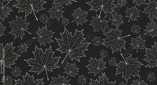 Seamless pattern showcases white hand-drawn maple leaves of various sizes scattered across a dark background, perfect for autumn designs.