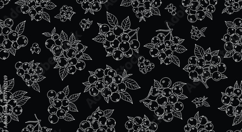 Seamless pattern of white hand-drawn clusters of berries and leaves on a solid black background creates a striking botanical textile design.