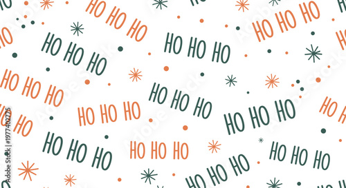 Playful Christmas seamless pattern contains repeating HO HO HO text and minimalist stars or snowflakes on a clean white background for winter.