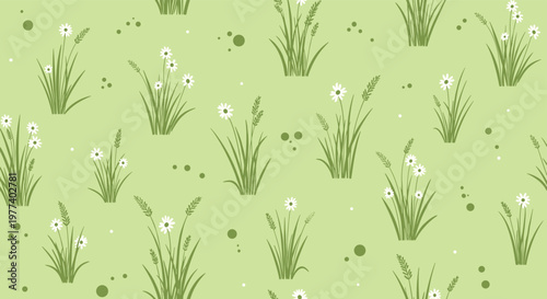 Seamless repeating pattern features dainty white daisy flowers and wild grass sprigs on a soft green background for a refreshing spring feel.
