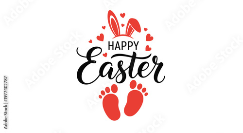 Happy Easter greeting design combines festive calligraphy with bunny ears, small hearts, and tiny red footprints for a cute holiday theme.