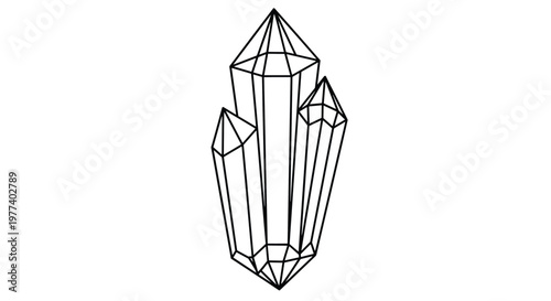 Simple black line drawing illustrates a cluster of sharp geometric crystals or quartz points standing upright on a white background for art.
