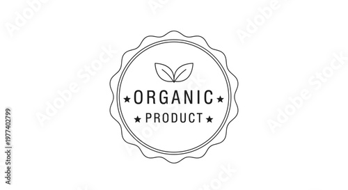 Professional stamp design for organic products features a scalloped edge circle with leaf icon and clean typography in a minimalist style.