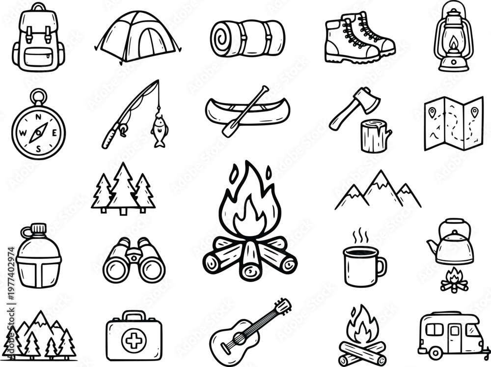 Fototapeta premium Set of Hand Drawn Camping and Hiking Icons