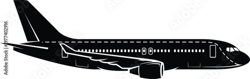 Detailed Side View Commercial Airplane Vector Illustration Featuring a Black Silhouette of a Modern Passenger Jet Aircraft for Aviation Transport and Global Travel Industry.