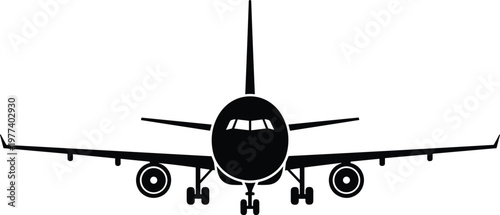 Front view silhouette of commercial airplane with engines, wings, landing gear, and tail fin, showcasing aviation design, aircraft structure, and aerodynamic balance