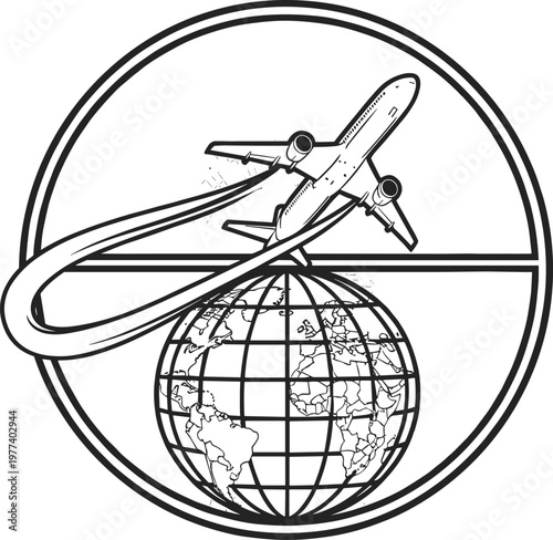 Global Aviation Logo Vector Illustration Featuring a Passenger Airplane Flying Over Earth Globe in a Circular Frame for International Travel and Airline Transport Logistics.