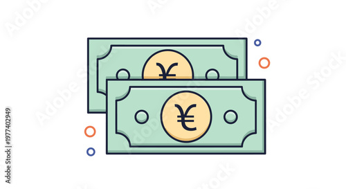 Illustration of two Japanese yen banknotes featuring yellow circular symbols and stylized accents on a white background.