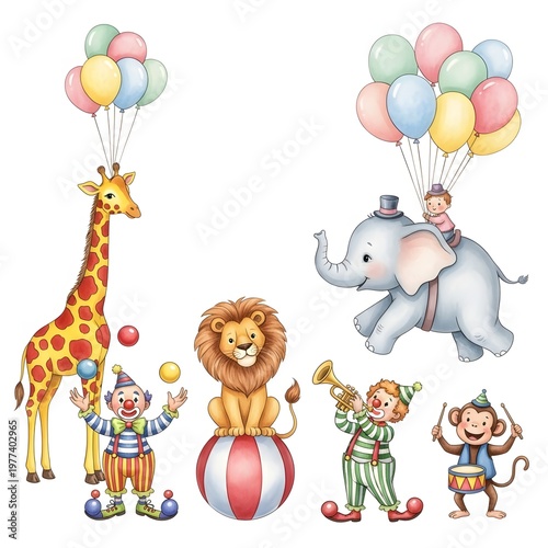 Circus animals and performers, including giraffe, elephant, lion, clowns, and monkey, with colorful balloons