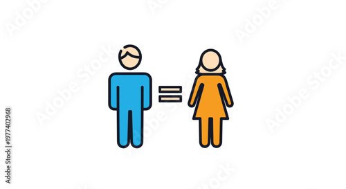 Flat icon representing gender equality featuring a blue male figure and an orange female figure separated by an equals sign.