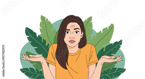 Portrait of a woman with brown hair shrugging her shoulders with a confused facial expression against a backdrop of green leaves.