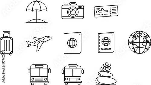 Minimalist Travel and Tourism Line Icon Set Featuring Essential Symbols for Summer Vacation Planning Aviation Transport Global Exploration Beach Holiday and Wellness Retreats.