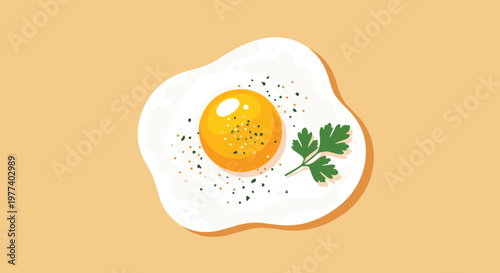 Top view of a sunny side up fried egg seasoned with black pepper and a fresh sprig of parsley on a solid yellow background.
