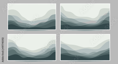 Set of four abstract landscape illustrations with layered wavy shapes in shades of grey and dark teal for modern art prints.