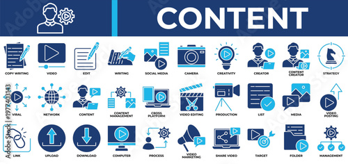 Content icon set collection. Containing link, operation, share, profile, movie, thinking, cinema .Solid vector icons collection